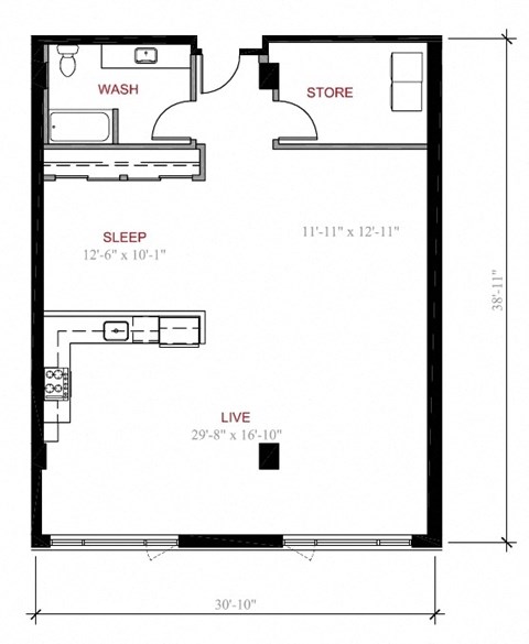 Floor plan for 1 bed, 1 bath, 1136 sqft